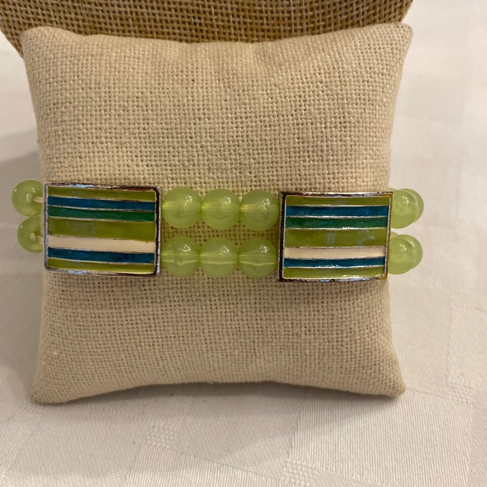 Green Blue Silver Enamel Beaded Stretch Bracelet Rectangular Panels Opaque Beads